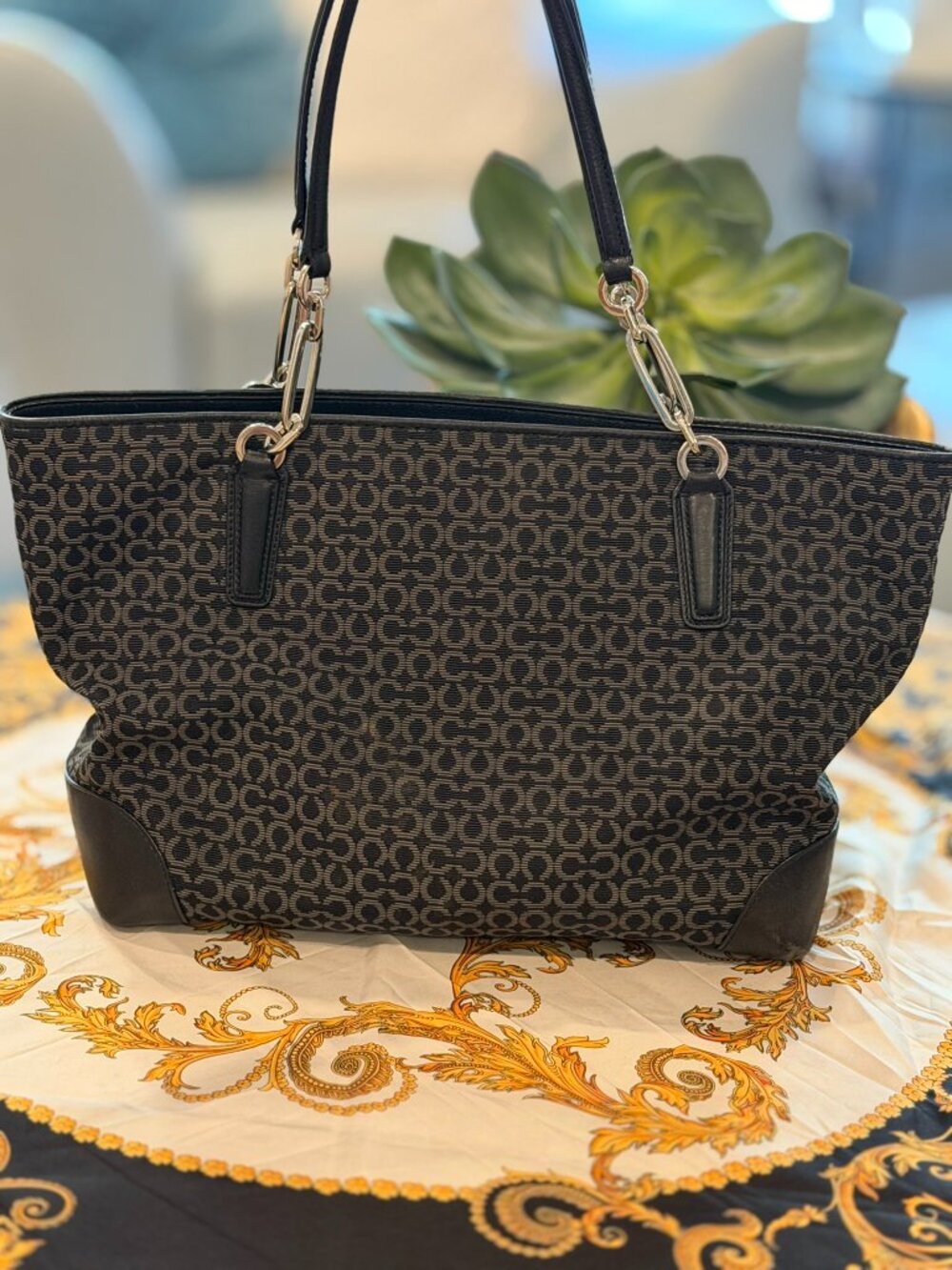 Coach Madison Op Art Needlepoint East/West Tote (Style Number: 26767) Black/Grey